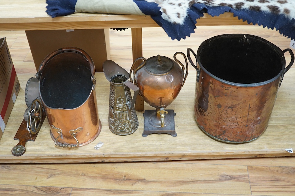 A group of copper to include a Victorian mechanical bellows, a cylindrical copper coal box and three other items, largest 49cm. Condition - poor